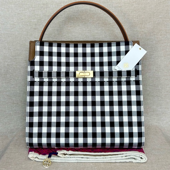 Tory Burch Handbags - NWT Tory Burch Lee Radziwill Double Bag – Black/Ivory Gingham Canvas Satchel